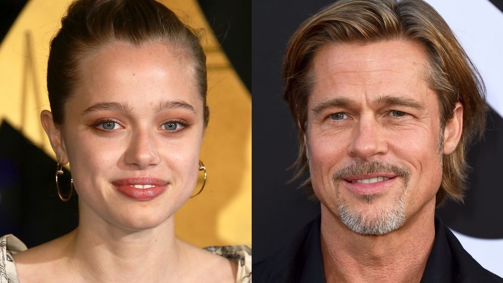 This combination of photos shows Shiloh Jolie at the London premiere of "Eternals" on Oct. 27, 2021, left, and Brad Pitt at a special screening of "Ad Astra" in Los Angeles on Sept. 18, 2019. (AP Photo)