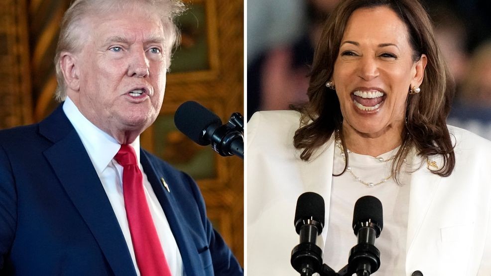 FILE - Republican presidential nominee former President Donald Trump speaks to reporters during a news conference, Aug. 8, 2024, in Palm Beach, Fla., left, and Democratic presidential nominee Vice President Kamala Harris speaks at a campaign rally, Aug. 7, 2024, in Romulus, Mich. (AP Photo)