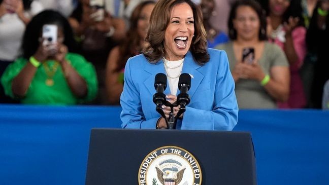 Democratic presidential nominee Vice President Kamala Harris speaks at a campaign event at Hendrick Center for Automotive Excellence on the Scott Northern Wake Campus of Wake Tech Community College in Raleigh, N.C., Friday, Aug. 16, 2024. (AP Photo/Mike Stewart)