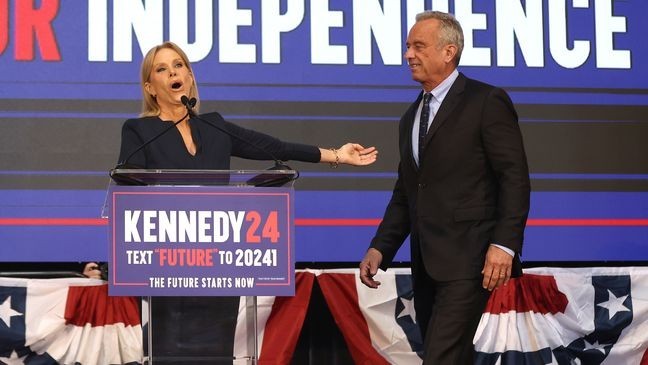 FILE - Actress Cheryl Hines introduces her husband, independent presidential candidate Robert F. Kennedy Jr., during a campaign event to announce his pick for a running mate at the Henry J. Kaiser Event Center on March 26, 2024 in Oakland, California. Independent presidential candidate Robert F. Kennedy Jr. announced Silicon Valley attorney Nicole Shanahan as his running mate. (Photo by Justin Sullivan/Getty Images)