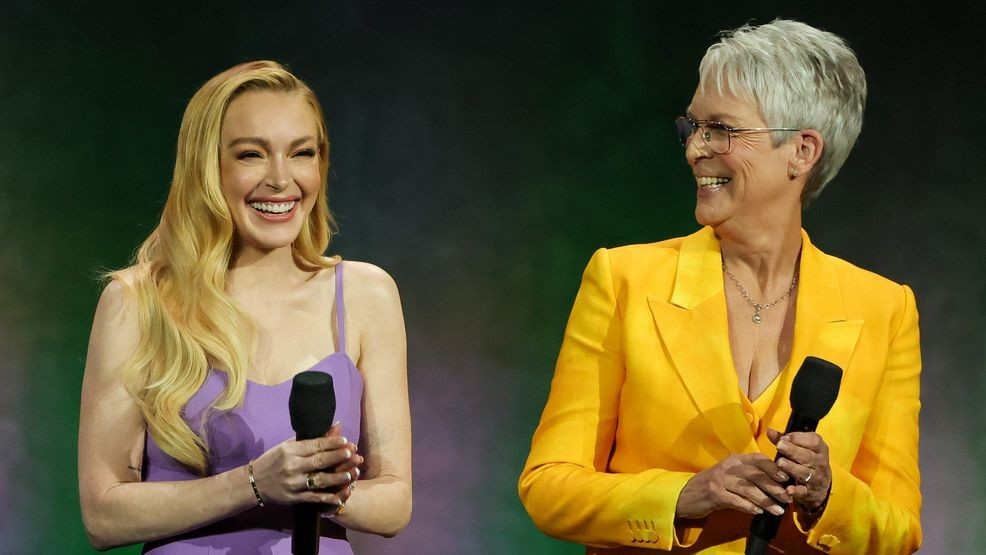 LAS VEGAS, NEVADA - APRIL 03: Lindsay Lohan (L) and Jamie Lee Curtis promote the upcoming film "Freakier Friday" at The Walt Disney Studios presentation during CinemaCon, the official convention of Cinema United, at The Colosseum at Caesars Palace on April 03, 2025 in Las Vegas, Nevada. (Photo by Ethan Miller/Getty Images)