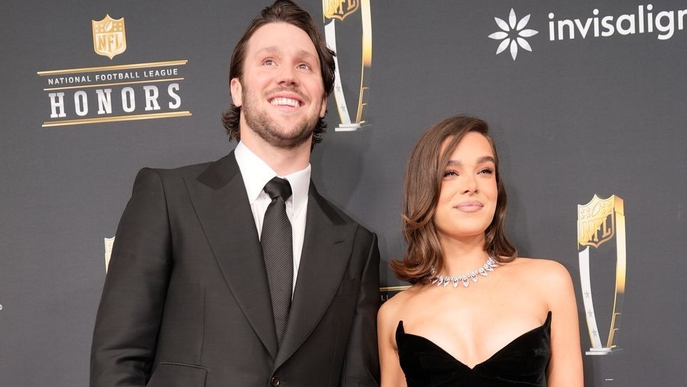 FILE - Josh Allen of the Buffalo Bills, and his fiancé, Hailee Steinfeld, pose on the red carpet at the NFL Honors award show ahead of the Super Bowl 59 football game, Thursday, Feb. 6, 2025, in New Orleans. (AP Photo/Gerald Herbert)