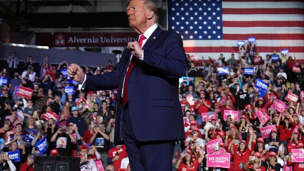 Republican presidential nominee former President Donald Trump dances during a campaign rally at Santander Arena, Monday, Nov. 4, 2024, in Reading, Pa. (AP Photo/Evan Vucci)