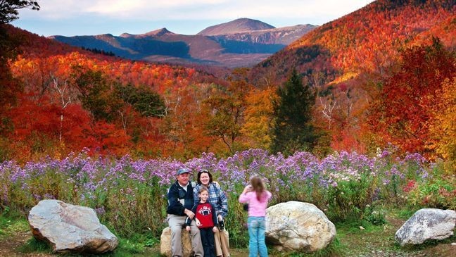 FILE - Wildflowers, fall foliage and the 6,288-foot Mt. Washington serve as a backdrop for Jim and Kathleen Gannon and their son James as their daughter Katarina snaps a picture at Crawford Notch State Park in New Hampshire, Oct. 6, 2006. (AP Photo/Robert F. Bukaty, File)