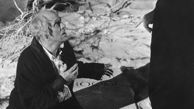 1951:  Alastair Sim (1900 - 1976) as Scrooge in the film of the same name, adapted from Charles Dickens' novel 'A Christmas Carol', directed by Brian Desmond Hurst and produced by Renown Pictures.  (Photo by Hulton Archive/Getty Images)