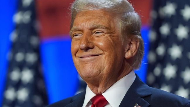 Republican presidential nominee former President Donald Trump smiles at an election night watch party at the Palm Beach Convention Center, Wednesday, Nov. 6, 2024, in West Palm Beach, Fla. (AP Photo/Evan Vucci)