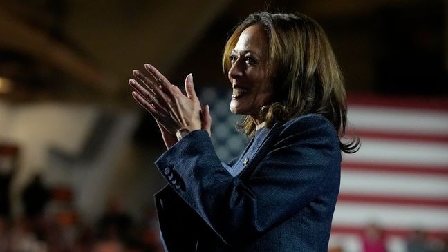 Democratic presidential nominee Vice President Kamala Harris speaks during a campaign rally at Jenison Field House on the campus of Michigan State University, Sunday, Nov. 3, 2024, in East Lansing, Mich. (AP Photo/Jacquelyn Martin)