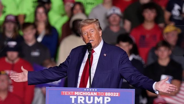 Republican presidential nominee former President Donald Trump speaks at a campaign event at the Ryder Center at Saginaw Valley State University, Thursday, Oct. 3, 2024, in University Center, Mich. (AP Photo/Carlos Osorio)