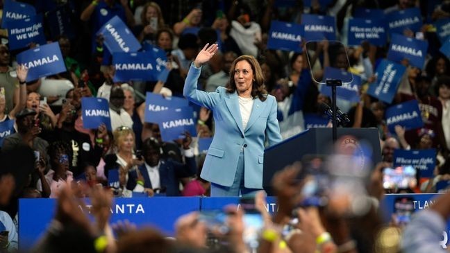 Vice President Kamala Harris arrives to speak during a campaign rally, Tuesday, July 30, 2024, in Atlanta. (AP Photo/John Bazemore)