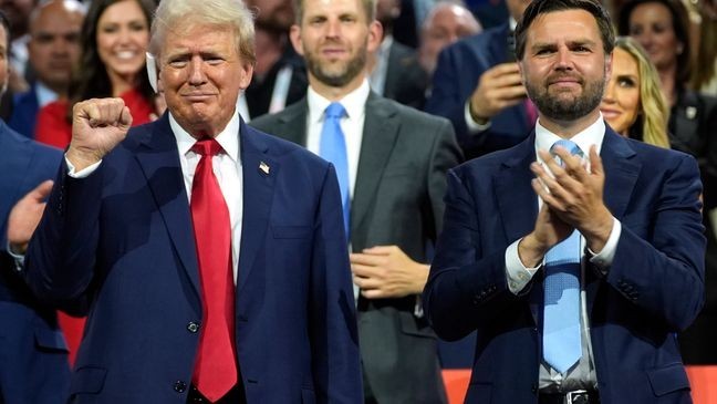 FILE - Republican presidential candidate former President Donald Trump, left, and Republican vice presidential candidate Sen. JD Vance, R-Ohio, attend the Republican National Convention, July 15, 2024, in Milwaukee. (AP Photo/Evan Vucci, File)