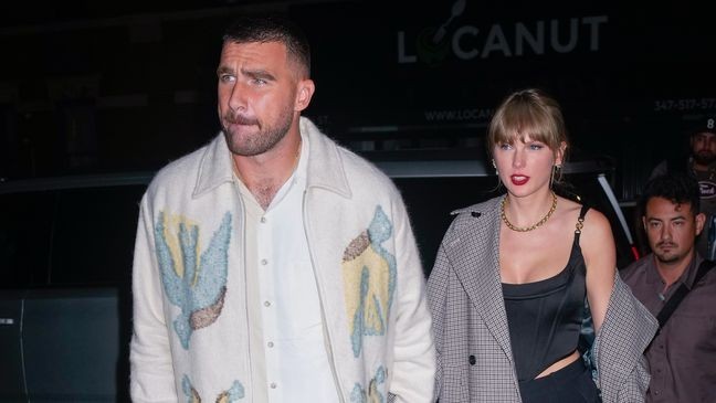 NEW YORK, NEW YORK - OCTOBER 15: Travis Kelce and Taylor Swift arrive at SNL Afterparty on October 15, 2023 in New York City. (Photo by Gotham/GC Images)
