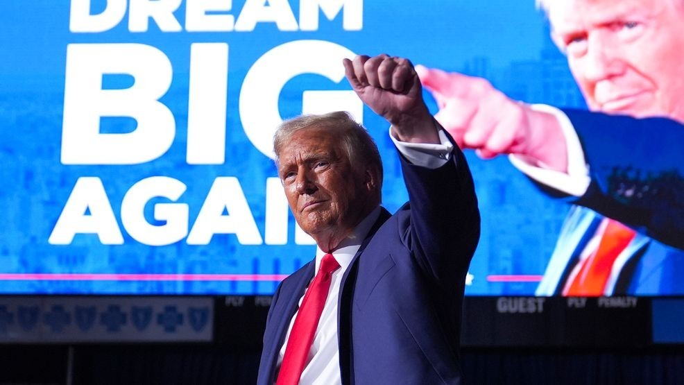 Republican presidential nominee former President Donald Trump gestures at a campaign rally at Van Andel Arena, Tuesday, Nov. 5, 2024, in Grand Rapids, Mich. (AP Photo/Evan Vucci)