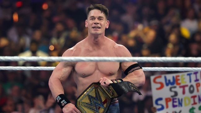 LAS VEGAS, NEVADA - APRIL 20: John Cena celebrates after defeating Cody Rhodes for the Undisputed WWE Championship during WrestleMania 41 at Allegiant Stadium on April 20, 2025 in Las Vegas, Nevada.  (Photo by Ethan Miller/Getty Images)