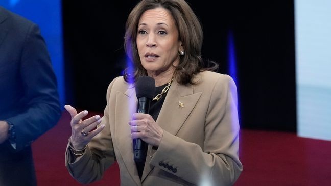 Democratic presidential nominee Vice President Kamala Harris speaks during a Town Hall event hosted by Univision, Thursday, Oct. 10, 2024, at the University of Nevada Las Vegas. (AP Photo/Jacquelyn Martin)