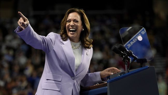 Democratic presidential nominee Vice President Kamala Harris speaks at a campaign rally, Saturday, Aug. 10, 2024, in Las Vegas. (AP Photo/Julia Nikhinson)