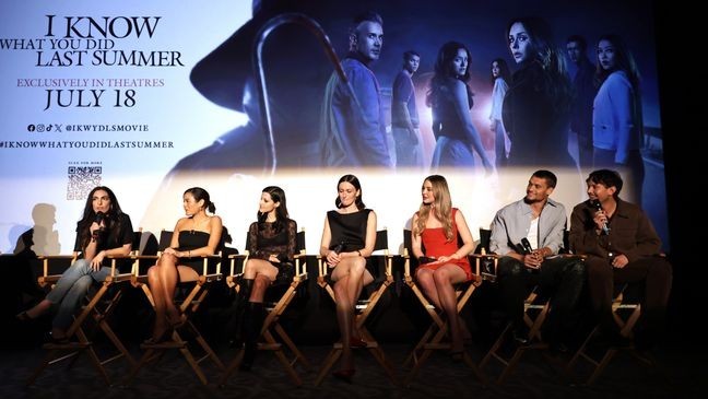 Writer/director Jennifer Kaytin Robinson, Chase Sui Wonders, Gabbriette, Sarah Pidgeon, Madelyn Cline, Tyriq Withers and writer Sam Lansky at the "I Know What You Did Last Summer" Trailer Launch Event. (Photo by Eric Charbonneau/Sony Pictures via Getty Images)