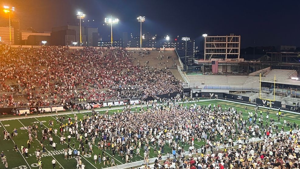 Fans take over the football field after Vanderbilt upset No. 1 Alabama Saturday. (Photo: WZTV) br