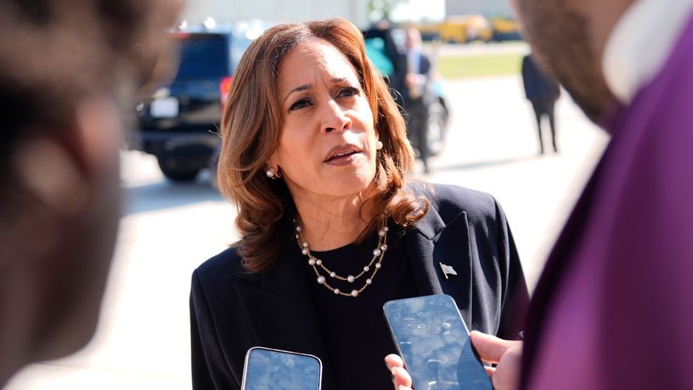 Democratic presidential nominee Vice President Kamala Harris talks to the media before boarding Air Force Two at Detroit Metropolitan Wayne County Airport, Thursday, August 8, 2024, in Romulus, Mich. (AP Photo/Julia Nikhinson)