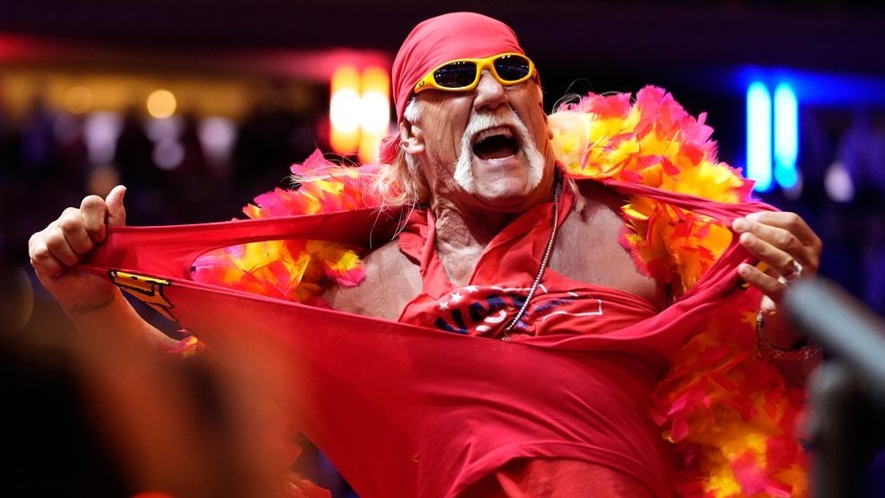 FILE - Hulk Hogan rips his shirt before Republican presidential nominee former President Donald Trump speaks at a campaign rally at Madison Square Garden, Oct. 27, 2024, in New York. (AP Photo/Alex Brandon, File)