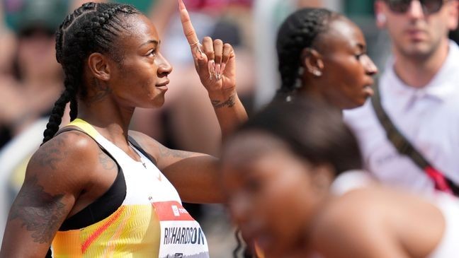 Sha'Carri Richardson reacts after winning her 100m heat during the U.S. Championships athletics meet in Eugene, Ore.,Thursday, July 31, 2025. (AP Photo/Ashley Landis)