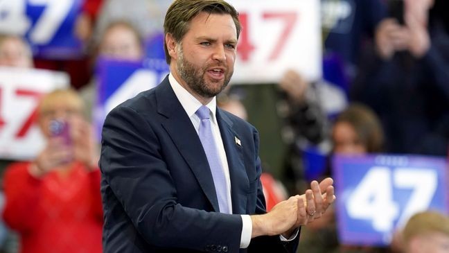 Republican vice presidential nominee Sen. JD Vance, R-Ohio, applauds the crowd after speaking at a campaign event at Penn State Behrend Erie Hall, Saturday, Oct. 26, 2024, in Erie, Pa. (AP Photo/Matt Freed)