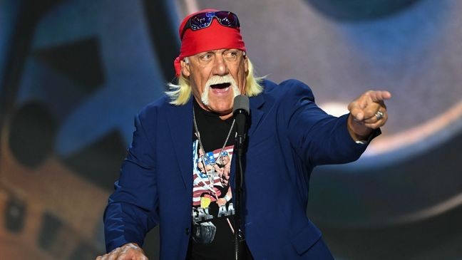 US pro-wrestler Hulk Hogan speaks during the last day of the 2024 Republican National Convention at the Fiserv Forum in Milwaukee, Wisconsin, on July 18, 2024. Donald Trump will get a hero's welcome Thursday as he accepts the Republican Party's nomination to run for US president in a speech capping a convention dominated by the recent attempt on his life. (Photo by ANDREW CABALLERO-REYNOLDS / AFP) (Photo by ANDREW CABALLERO-REYNOLDS/AFP via Getty Images)