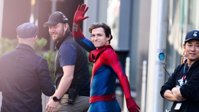 GLASGOW, UNITED KINGDOM - AUGUST 3: (UK OUT) Tom Holland is seen on the set of 'Spider-Man: Brand New Day' on August 3, 2025 in Glasgow, Scotland. (Photo by MEGA/GC Images)