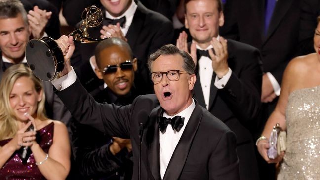 LOS ANGELES, CALIFORNIA - SEPTEMBER 14: Stephen Colbert accepts the Outstanding Talk Series Award for "The Late Show with Stephen Colbert" onstage during the 77th Primetime Emmy Awards at Peacock Theater on September 14, 2025 in Los Angeles, California.  (Photo by Kevin Winter/Getty Images)