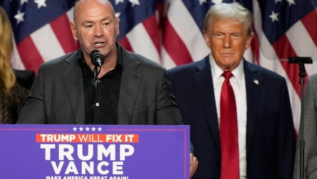 CEO of UFC Dana White speaks as speaksRepublican presidential nominee former President Donald Trump looks on at an election night watch party, Wednesday, Nov. 6, 2024, in West Palm Beach, Fla. (AP Photo/Alex Brandon)