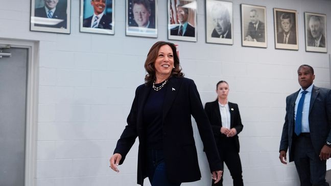 Democratic presidential nominee Vice President Kamala Harris arrives to speak at a campaign rally at UAW Local 900, Thursday, August 8, 2024, in Wayne, Mich. (AP Photo/Julia Nikhinson)