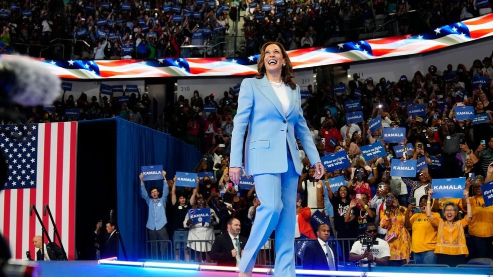 Vice President Kamala Harris admires the crowd suring a campaign rally, Tuesday, July 30, 2024, in Atlanta. (AP Photo/John Bazemore)