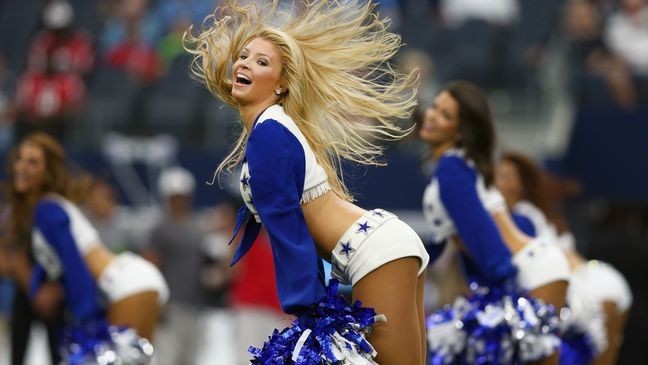 ARLINGTON, TX - SEPTEMBER 27: The Dallas Cowboys Cheerleaders perform as the Dallas Cowboys take on the Atlanta Falcons at AT&T Stadium on September 27, 2015 in Arlington, Texas. (Photo by Tom Pennington/Getty Images)