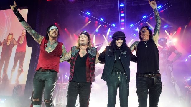 WASHINGTON, DC - JUNE 22:  Nikki Sixx, Vince Neil, Mick Mars and Tommy Lee of Mötley Crüe perform onstage during The Stadium Tour at Nationals Park on June 22, 2022 in Washington, DC. (Photo by Kevin Mazur/Getty Images for Live Nation)