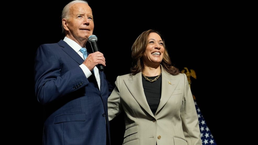 President Joe Biden, left, and Democratic presidential nominee Vice President Kamala Harris speak about the administration's efforts to lower prescription drug costs during an event at Prince George's Community College in Largo, Md., Thursday, Aug. 15, 2024. (AP Photo/Susan Walsh)