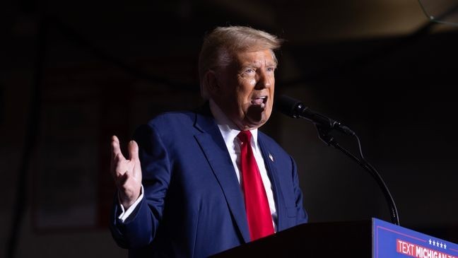 FILE - Republican presidential nominee former President Donald Trump speaks to supporters during a campaign event at Saginaw Valley State University on October 3, 2024, in Saginaw, Michigan. (Photo by Scott Olson/Getty Images)