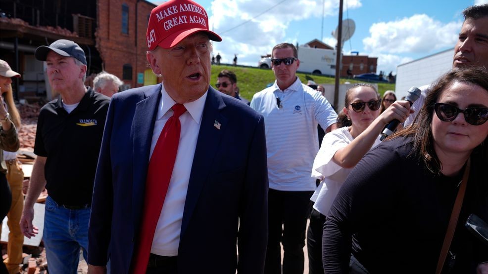 Republican presidential nominee former President Donald Trump visits Valdosta, Ga., a town impacted by Hurricane Helene, Monday, Sept. 30, 2024. (AP Photo/Evan Vucci)