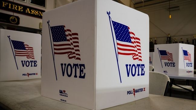 FILE - Voting booths are set up at a polling place in Newtown, Pa., Tuesday, April 23, 2024. (AP Photo/Matt Rourke, File)