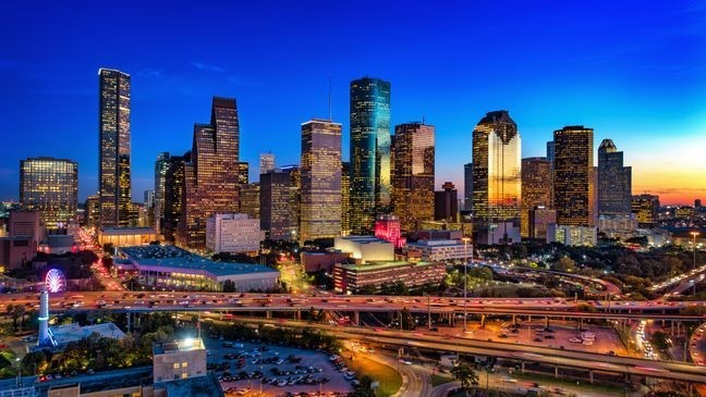 An elevated aerial view of the Downtown Houston skyline (Credit: Getty)