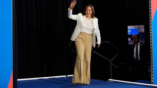 Democratic presidential nominee Vice President Kamala Harris arrives at a campaign rally Wednesday, Aug. 7, 2024, in Romulus, Mich. (AP Photo/Julia Nikhinson)