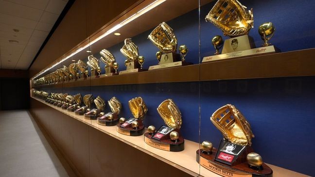 Los Angeles Dodgers memorabilia is seen near the Dodgers clubhouse, Saturday, Oct. 19, 2024, in Los Angeles. (AP Photo/Mark J. Terrill)