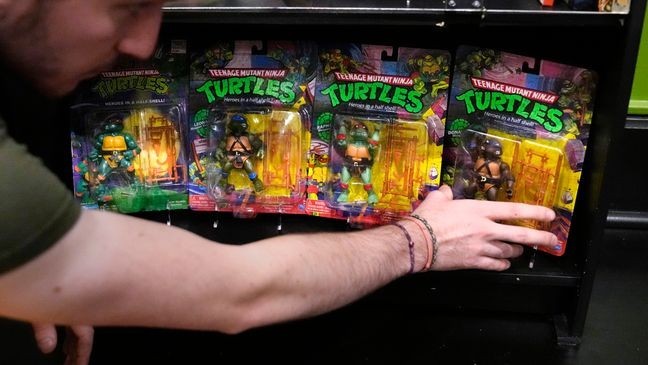 John Cookson, operations manager at the Woodman Museum, shows first edition Teenage Mutant Ninja Turtles action figures, which are part of the museum's permanent collection, Thursday, Sept. 5, 2024, in Dover, N.H.   (AP Photo/Charles Krupa)