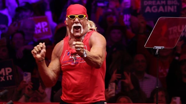 NEW YORK, NEW YORK - OCTOBER 27: Former WWE wrestler Hulk Hogan dances during a campaign rally for Republican presidential nominee, former U.S. President Donald Trump, at Madison Square Garden on October 27, 2024 in New York City. Trump closed out his weekend of campaigning in New York City with a guest list of speakers that includes his running mate Republican Vice Presidential nominee, U.S. Sen. J.D. Vance (R-OH), Tesla CEO Elon Musk, UFC CEO Dana White, and House Speaker Mike Johnson, among others, nine days before Election Day.  (Photo by Michael M. Santiago/Getty Images)