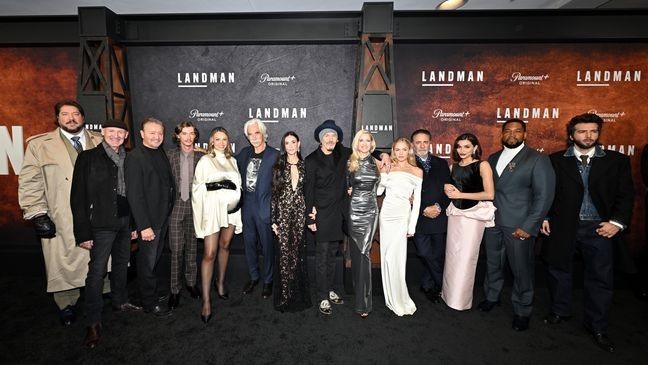 NEW YORK, NEW YORK - NOVEMBER 11: (L-R) Tanner Beard, Colm Feore, Mark Collie, Jacob Lofland, Kayla Wallace, Sam Elliott, Demi Moore, Billy Bob Thornton, Ali Larter, Michelle Randolph, Andy García, Paulina Chávez, Mustafa Speaks and Guy Burnet attend the Landman S2 Premiere at Alice Tully Hall on November 11, 2025 in New York City. (Photo by Roy Rochlin/Getty Images for Paramount+)