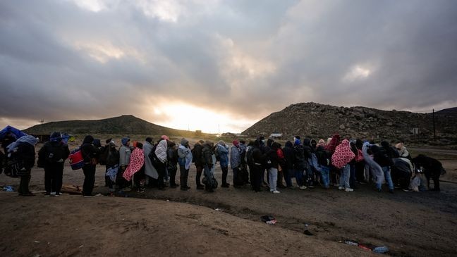 FILE - Asylum-seeking migrants line up in a makeshift, mountainous campsite to be processed after crossing the border with Mexico, Friday, Feb. 2, 2024, near Jacumba Hot Springs, Calif. (AP Photo/Gregory Bull, File)