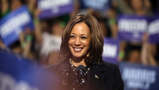 Democratic presidential nominee, Vice President Kamala Harris, looks out into the crowd as she speaks during a campaign rally at Erie Insurance Arena on October 14, 2024, in Erie, Pennsylvania. (Photo by Michael M. Santiago/Getty Images)