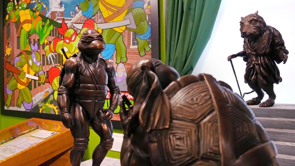 Bronze statues of the Teenage Mutant Ninja Turtles characters are displayed as part of the permanent collection at the Woodman Museum, Thursday, Sept. 5, 2024, in Dover, N.H.  (AP Photo/Charles Krupa)