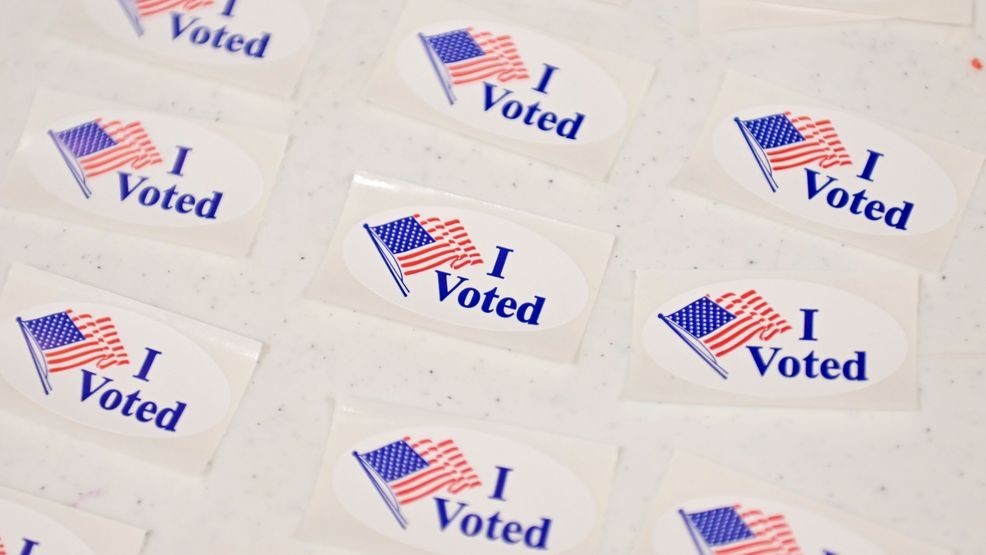 I voted stickers are set out on a table for voters to take after submitting their ballots at Elmdale Baptist Church Tuesday, March 5, 2024, in Springdale, Ark. (AP Photo/Michael Woods)