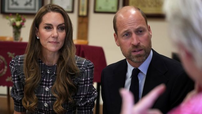 SUNNINGDALE, ENGLAND - SEPTEMBER 8: Catherine, Princess of Wales and Prince William, Prince of Wales listen as they visit the National Federation of Women's Institute (WI) to commemorate the three-year anniversary of the death of Queen Elizabeth II on September 8, 2025 in Sunningdale, England. (Photo by Alastair Grant - WPA Pool/Getty Images)