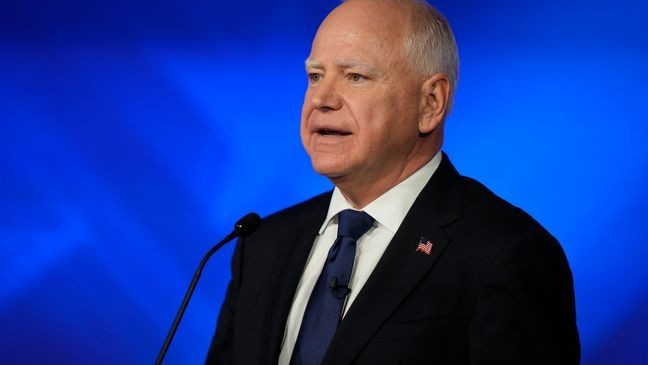 Democratic vice presidential nominee Minnesota Gov. Tim Walz speaks during a vice presidential debate hosted by CBS News, with Republican vice presidential nominee Sen. JD Vance, R-Ohio, Tuesday, Oct. 1, 2024, in New York. (AP Photo/Matt Rourke)