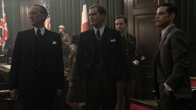 {p}RICHARD E. GRANT as Sir David Maxwell-Fyfe, MICHAEL SHANNON as Robert H.{/p}{p}Jackson, RAMI MALEK as Lt. Col. Douglas Kelley in ‘Nuremberg’{/p}{p}Image: Scott Garfield. Courtesy of Sony Pictures Classics{/p}